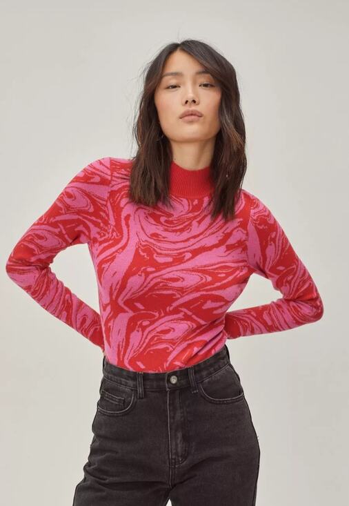 Nasty Gal Tops - Nasty Gal Bodysuit Top NWT Red Pink Marbled Sweater Open Back 6 NWT Thong Bottom